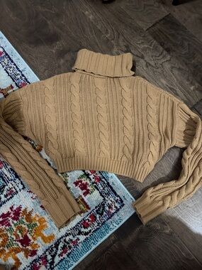 American Threads Camel Cable Knit Cropped Turtleneck Sweater